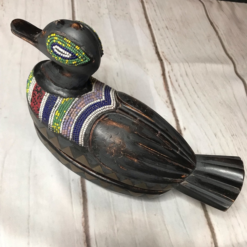 Hand Carved Painted, And Beaded Folk Art Duck Jewelry Box Large Trinket